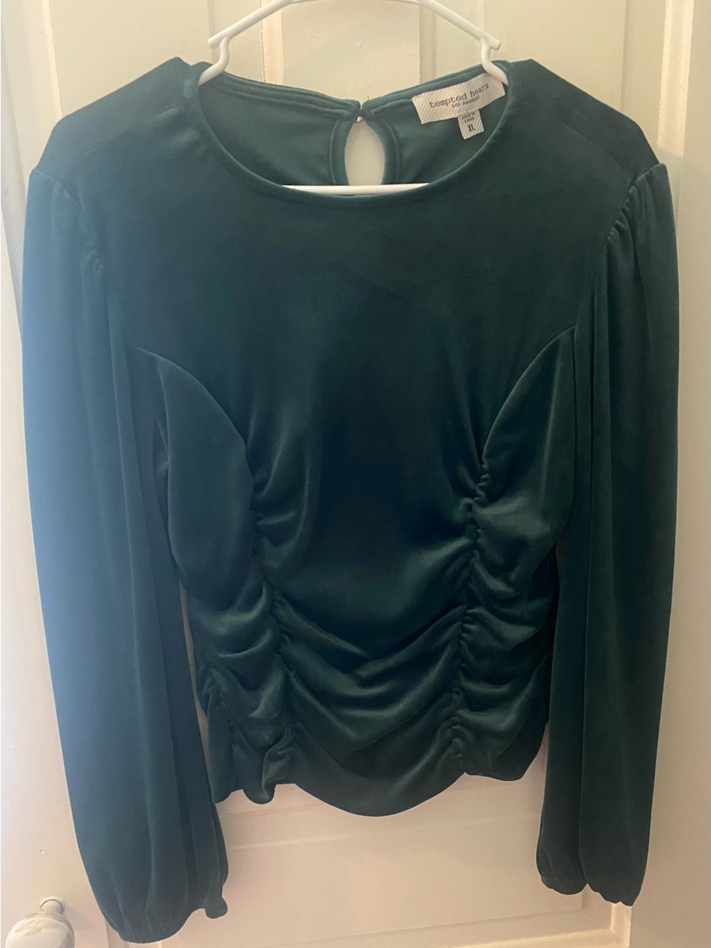 Dark Green Velvet Ruched Long-Sleeve Top